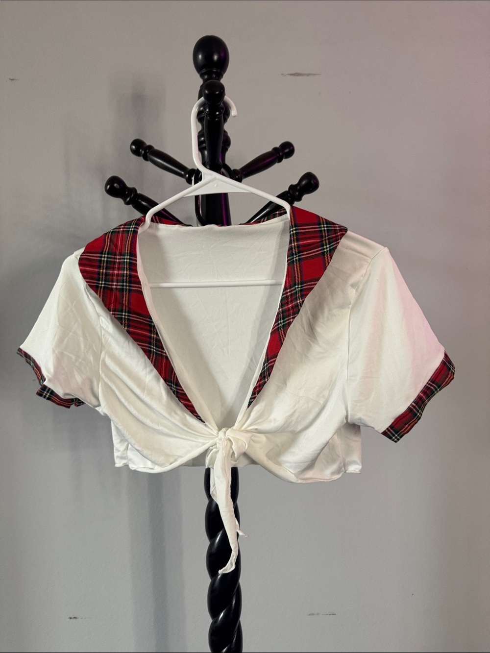 White Tie-Front Crop Top with Red Plaid Trim